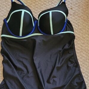 Cacique Black Swimsuit with Blue and Green Accents 40 D